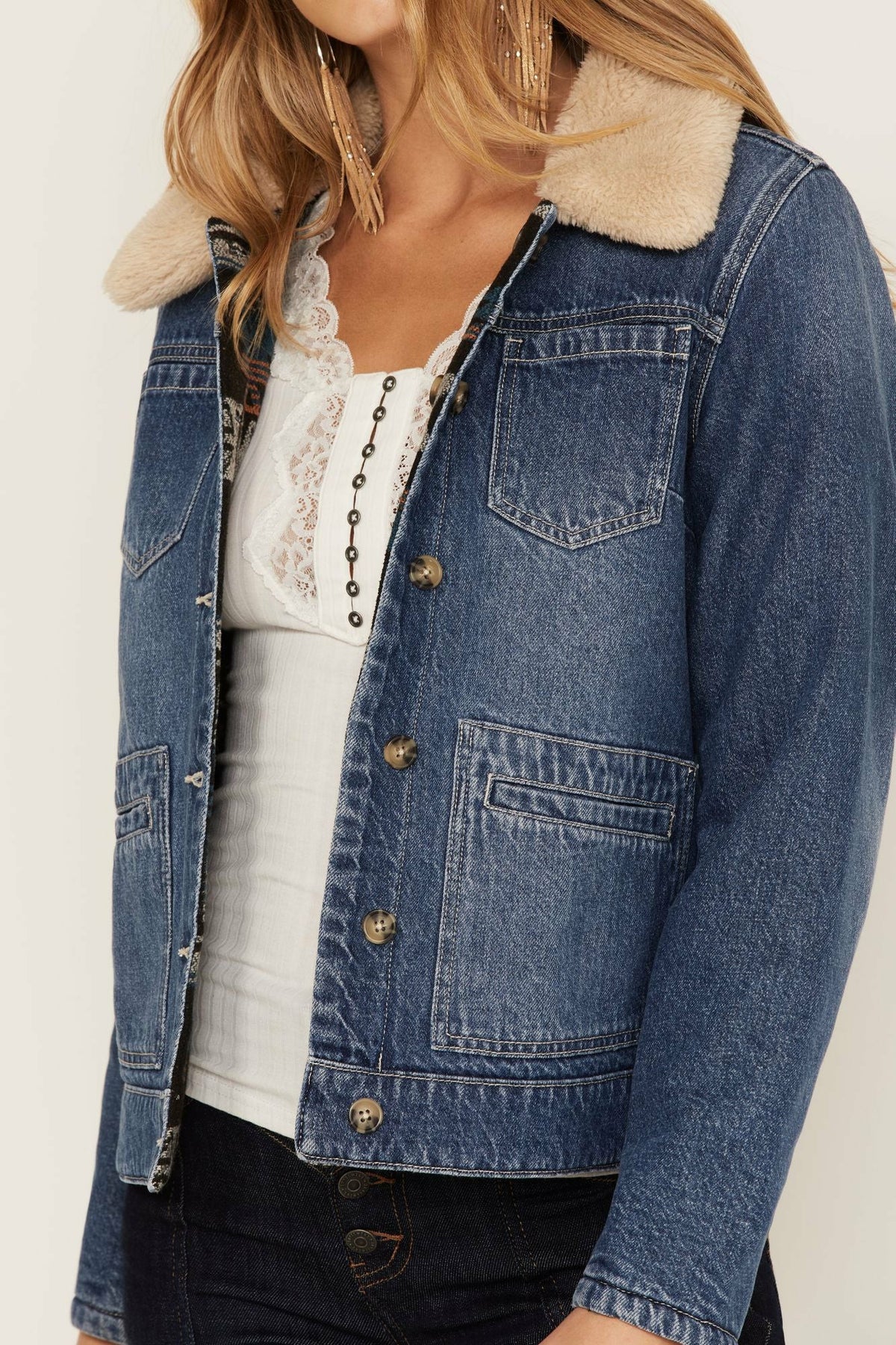 Medium Wash Reversible Sherpa Blanket Denim Jacket