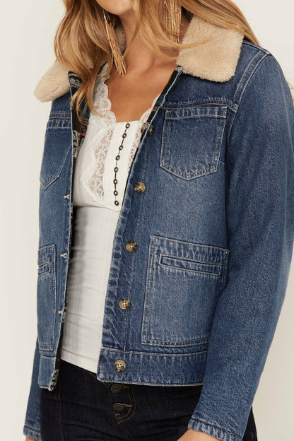 Medium Wash Reversible Sherpa Blanket Denim Jacket