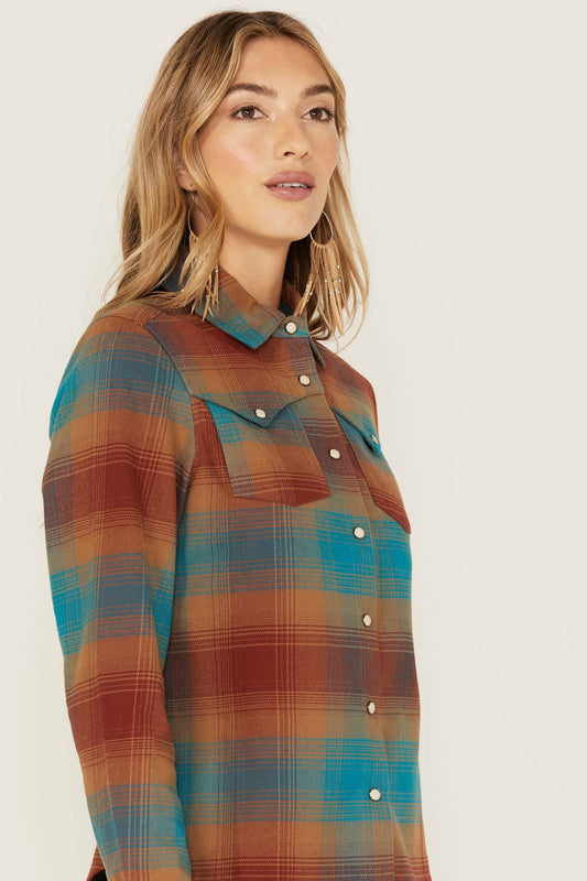 Ombre Plaid Print Long Sleeve Snap Western Top