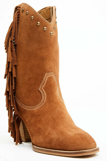 Sidewinder Studded Fringe Suede Fashion Booties - Round Toe