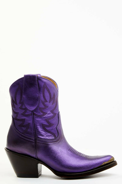Wheels Metallic Violet Leather Booties - Round Toe