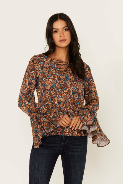 Rouge Paisley Print Lace Up Top