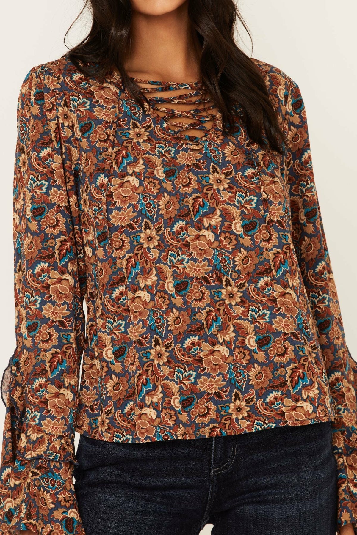 Rouge Paisley Print Lace Up Top
