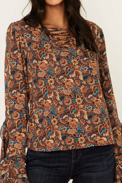 Rouge Paisley Print Lace Up Top