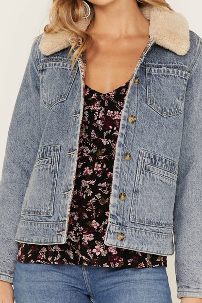 Light Wash Reversible Sherpa Blanket Denim Jacket