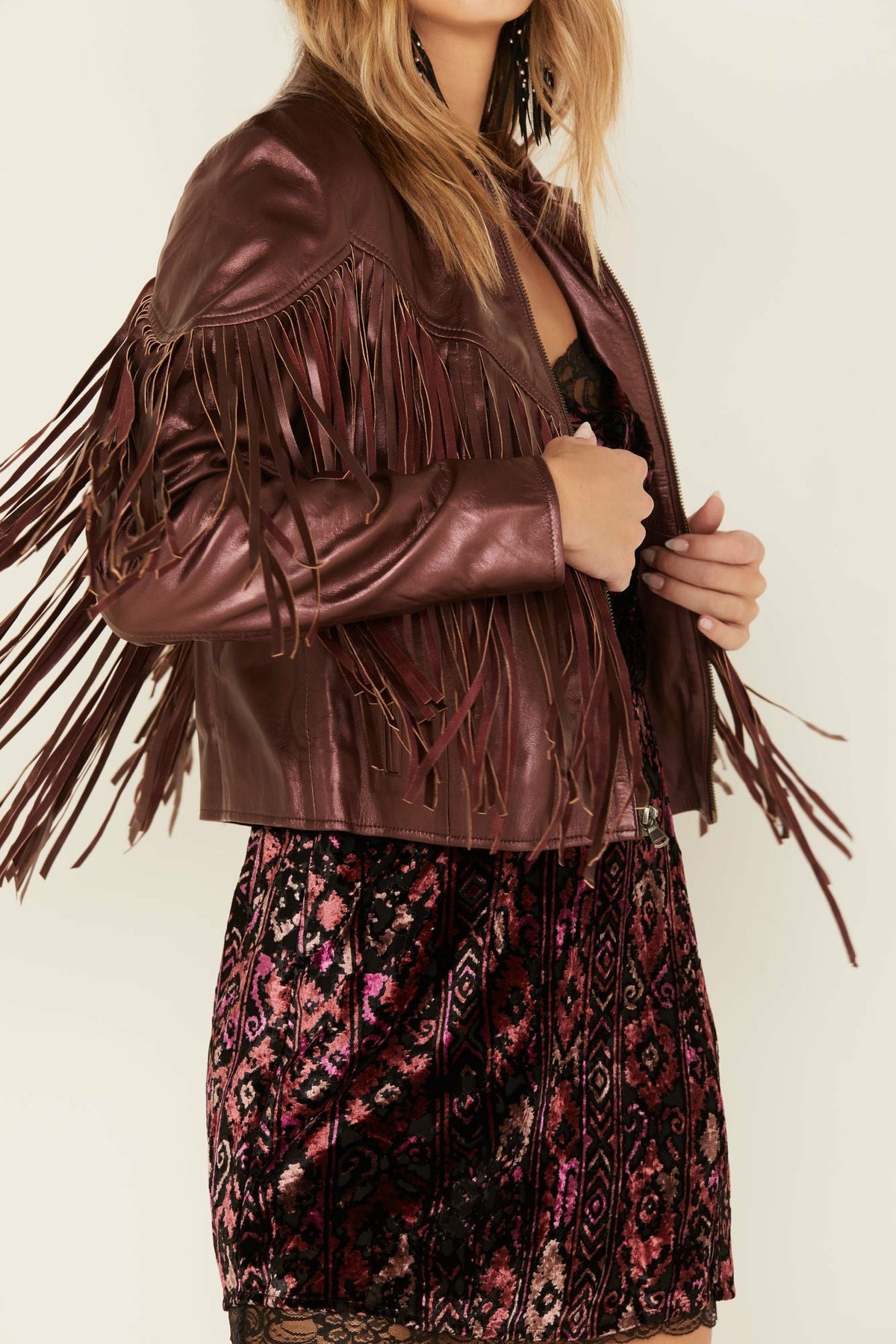 Metallic Fringe Leather Moto Jacket