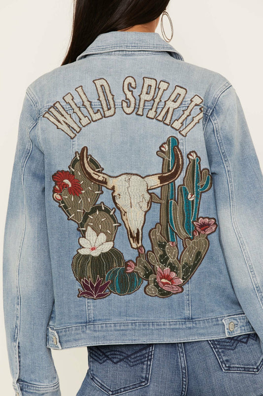 Wild Spirit Light Wash Embroidered Denim Jacket