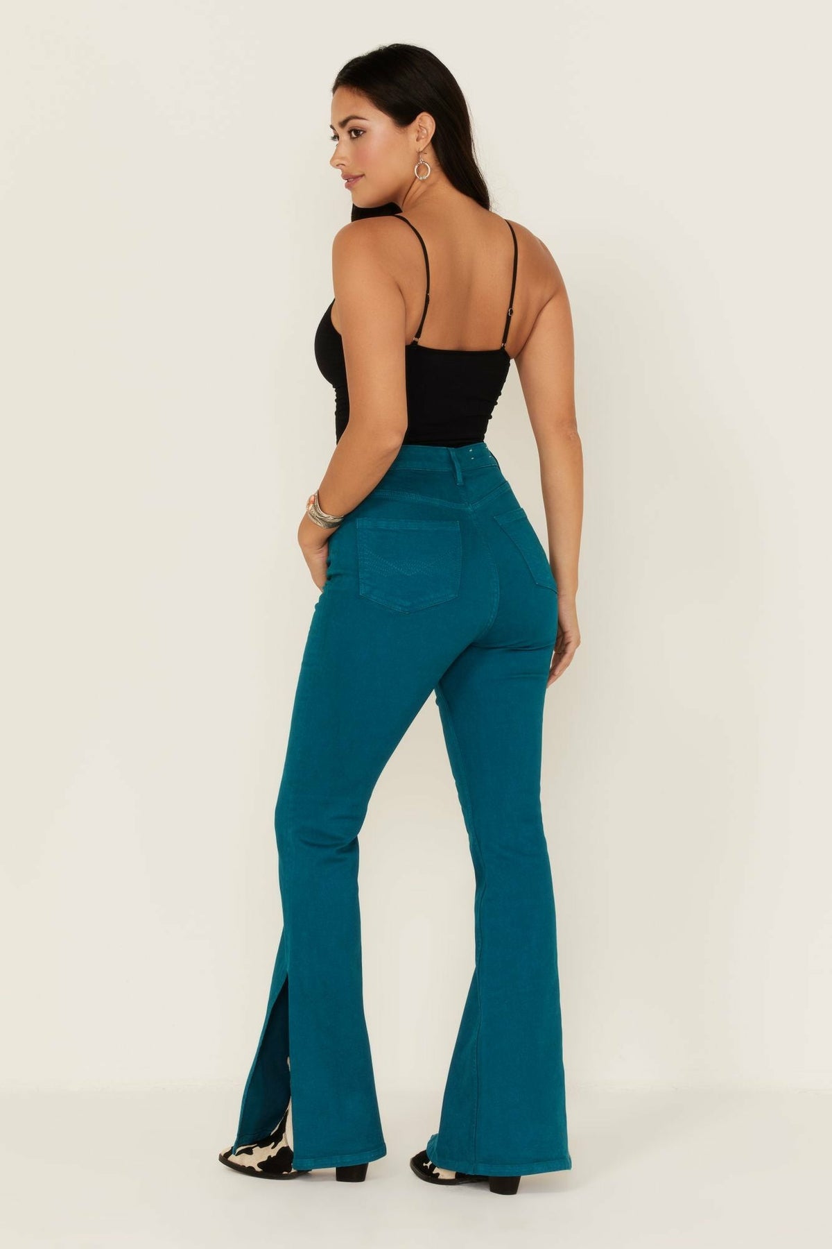 Teal Mid Rise Flare Jeans