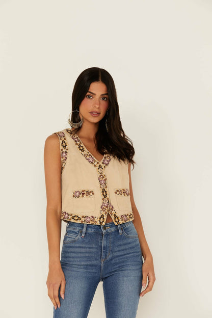 Embroidered Floral Suede Vest