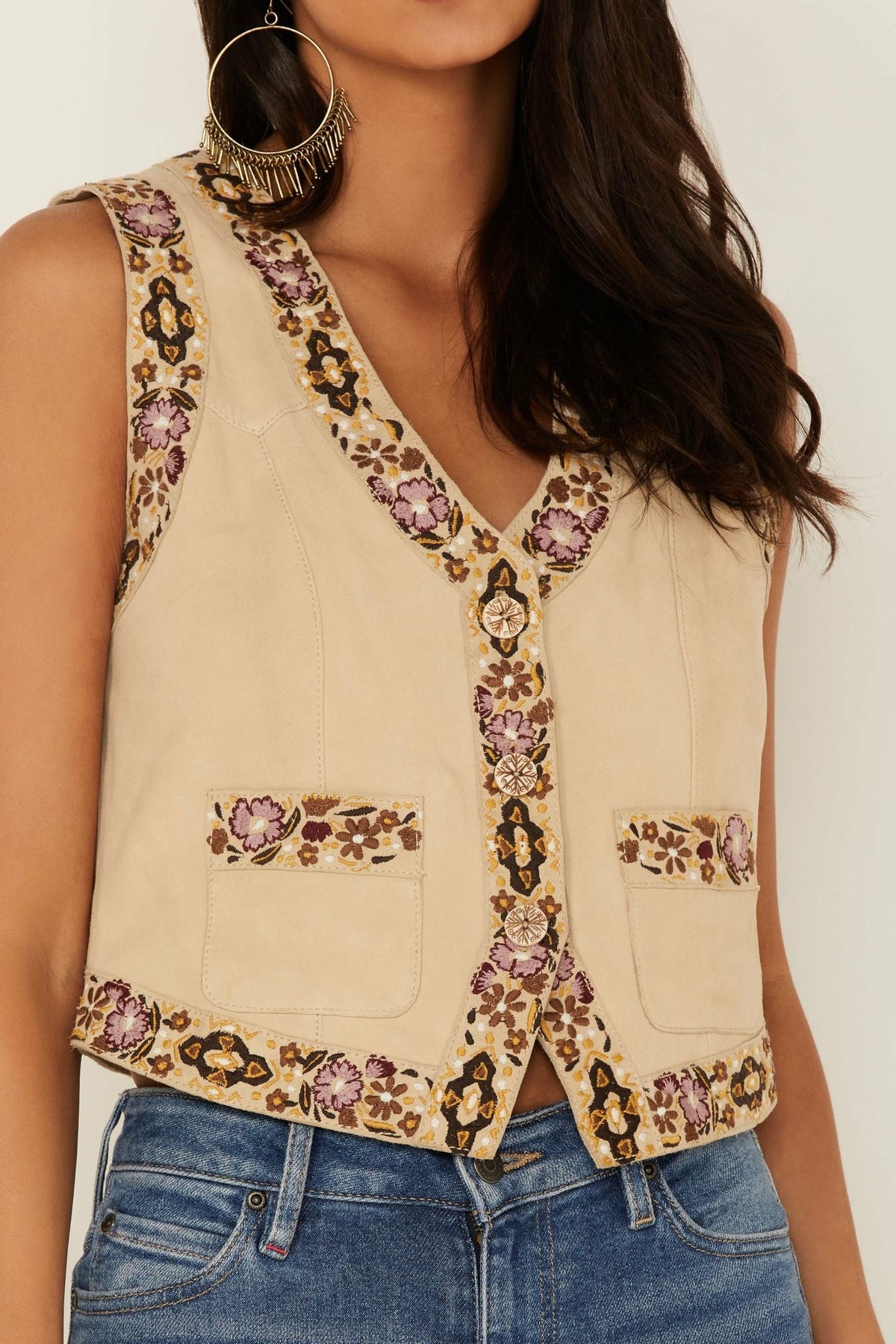 Embroidered Floral Suede Vest