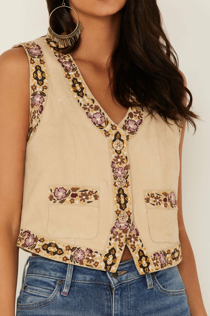 Embroidered Floral Suede Vest