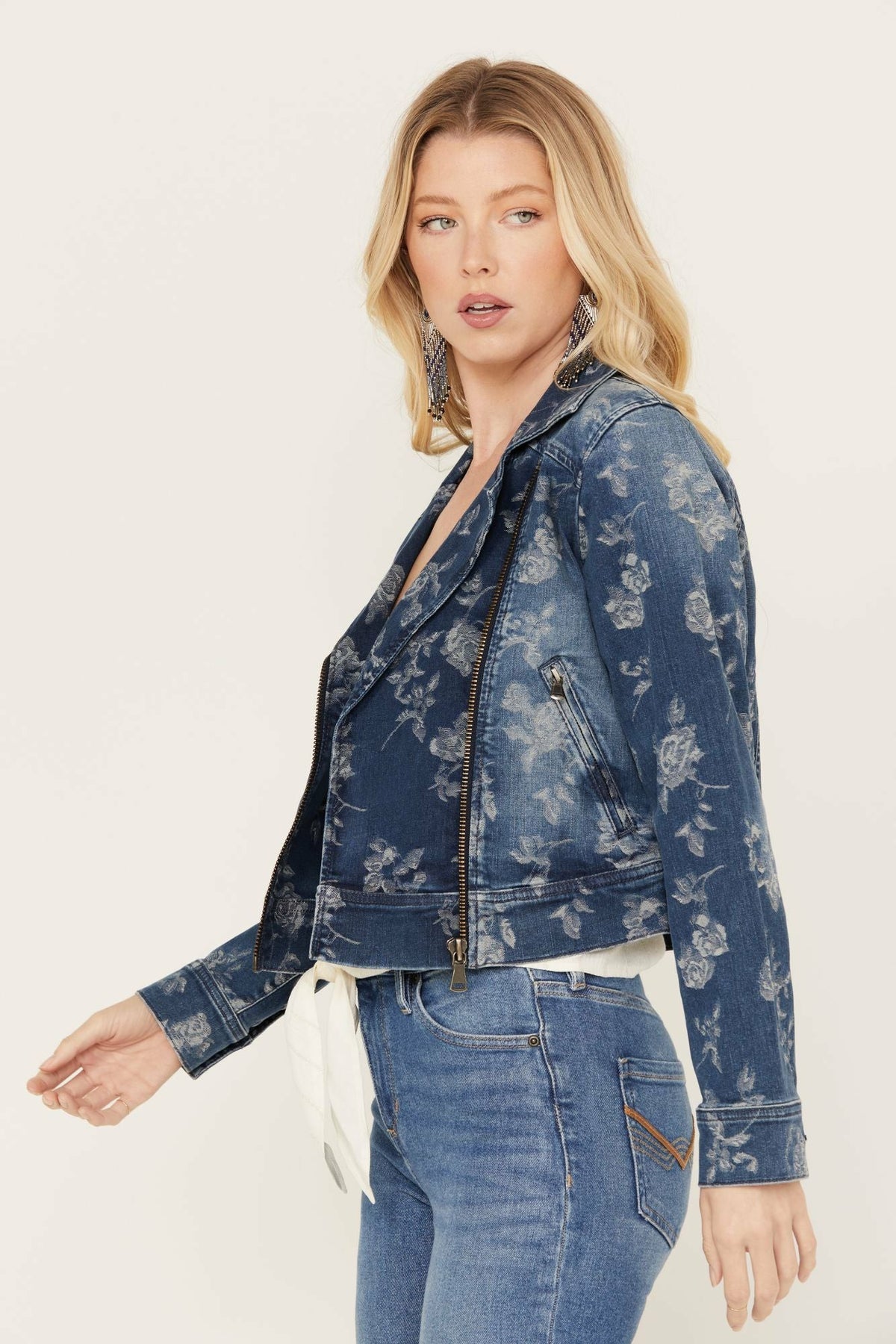Floral Drive Print Denim Moto Jacket