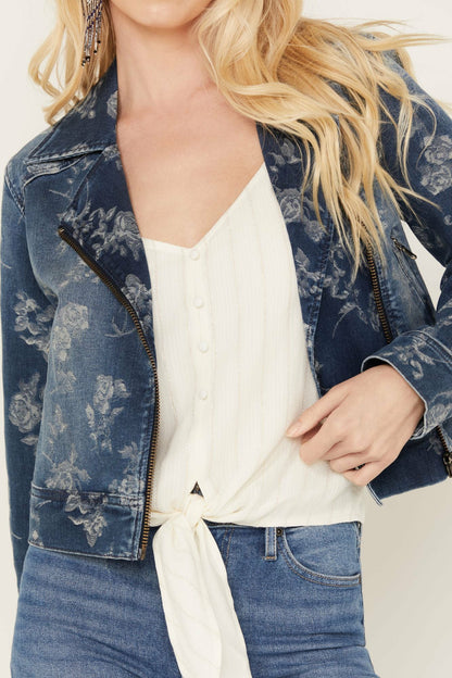 Floral Drive Print Denim Moto Jacket
