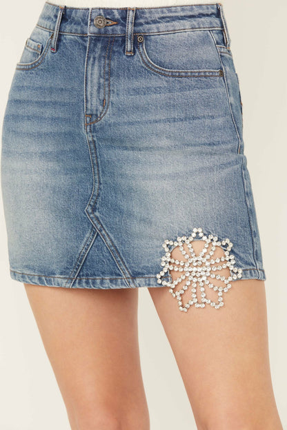 Barywood High Rise Denim Rhinestone Skirt