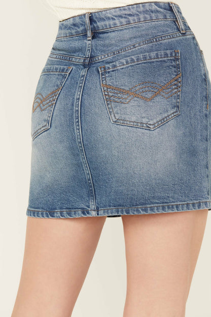 Barywood High Rise Denim Rhinestone Skirt