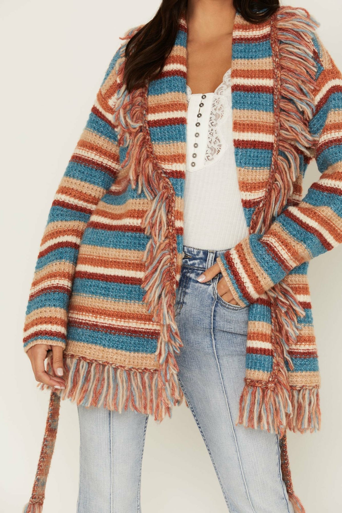 Abilene Striped Fringe Cardigan Sweater