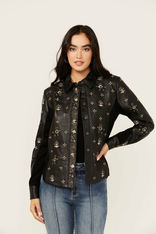 Siers Embellished Leather Button-Down Shirt