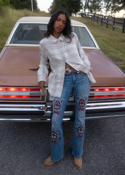 Briley Medium Wash Mid Rise Embellished Stretch Bootcut Jeans