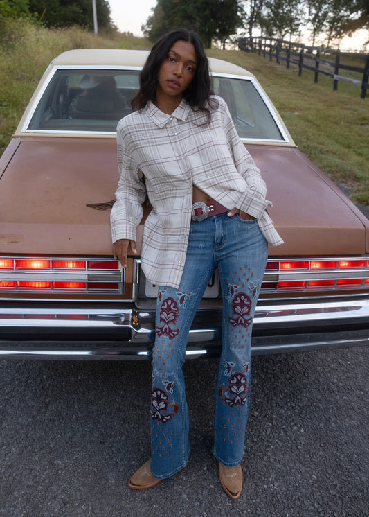 Briley Medium Wash Mid Rise Embellished Stretch Bootcut Jeans