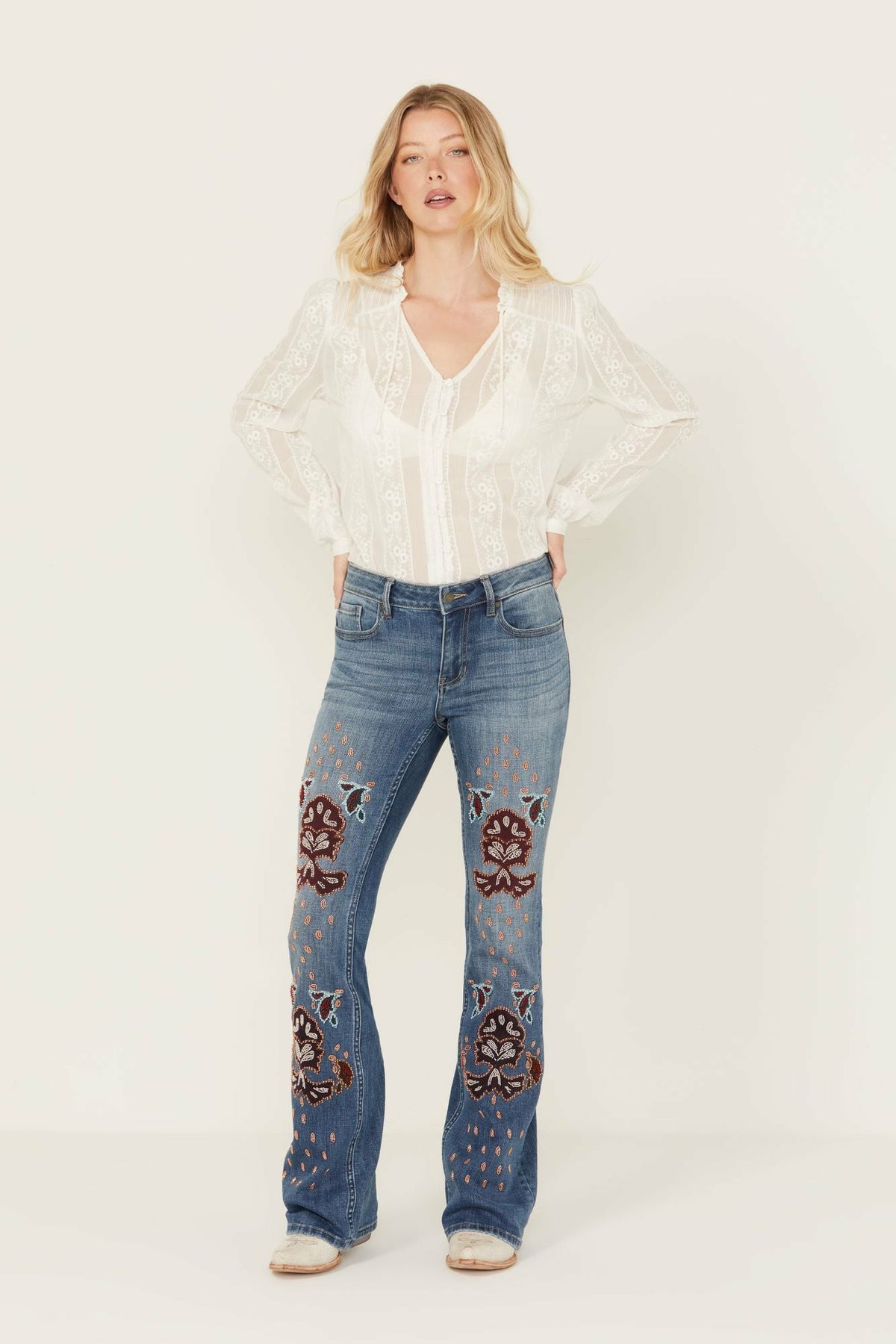 Briley Medium Wash Mid Rise Embellished Stretch Bootcut Jeans