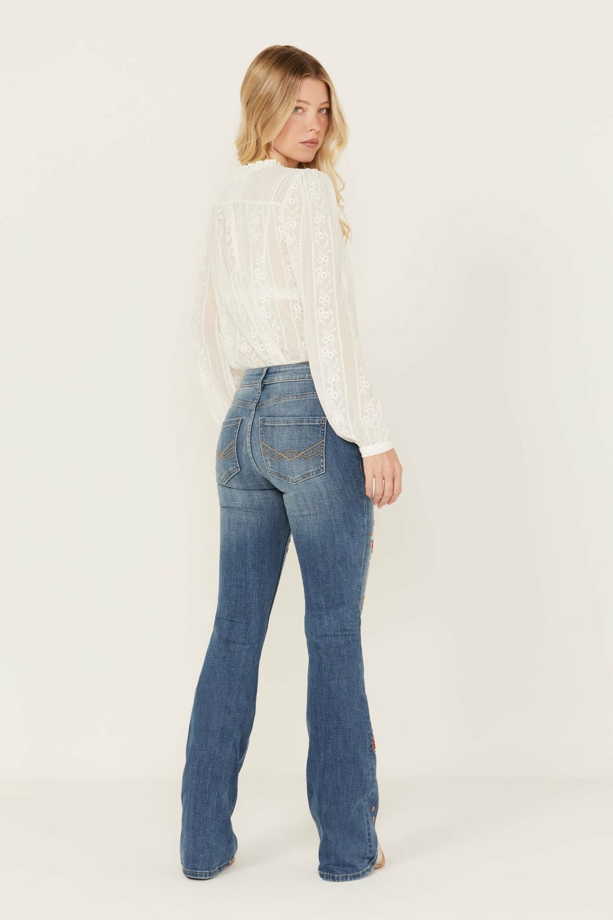 Briley Medium Wash Mid Rise Embellished Stretch Bootcut Jeans