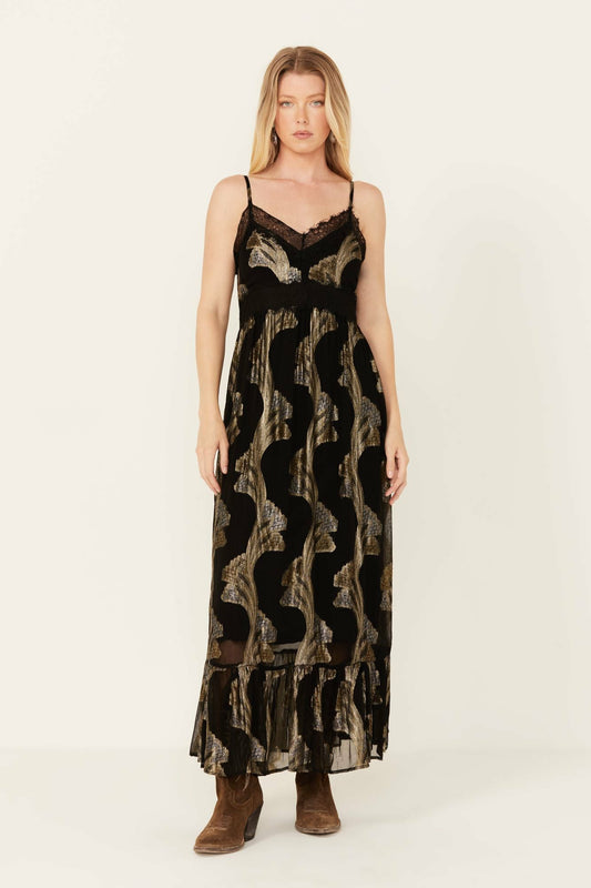 Verde Lace Inset Metallic Print Dress