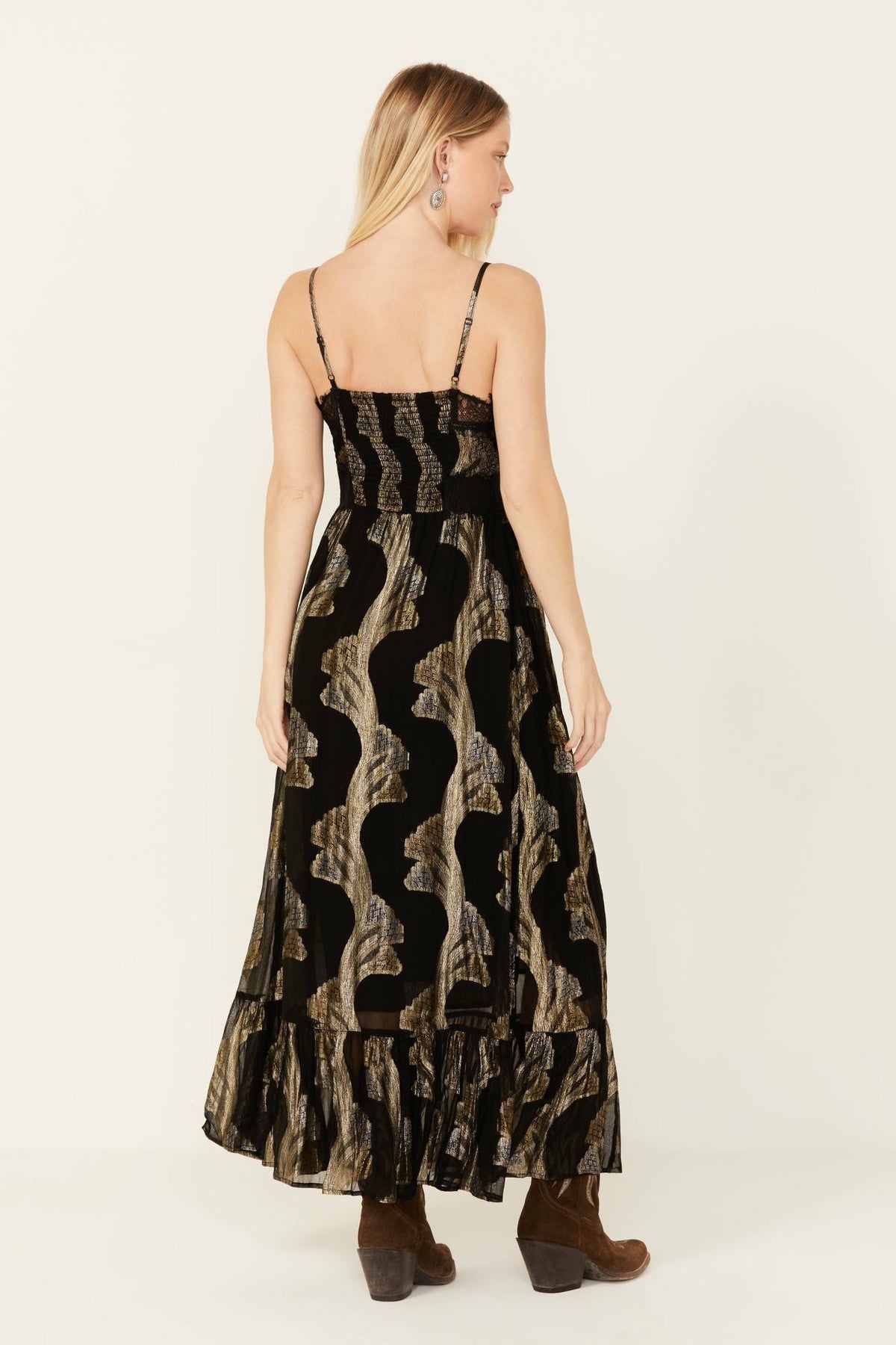 Verde Lace Inset Metallic Print Dress