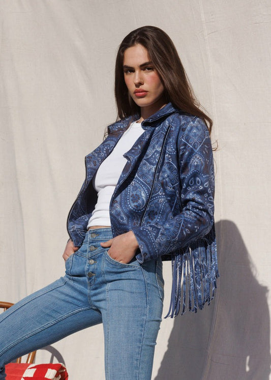 Banbury Printed Faux Suede Fringe Moto Jacket