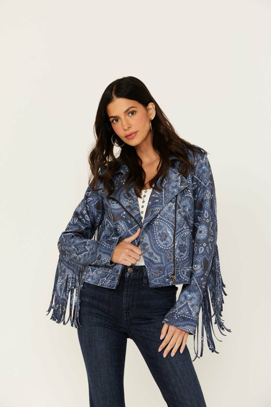 Banbury Printed Faux Suede Fringe Moto Jacket
