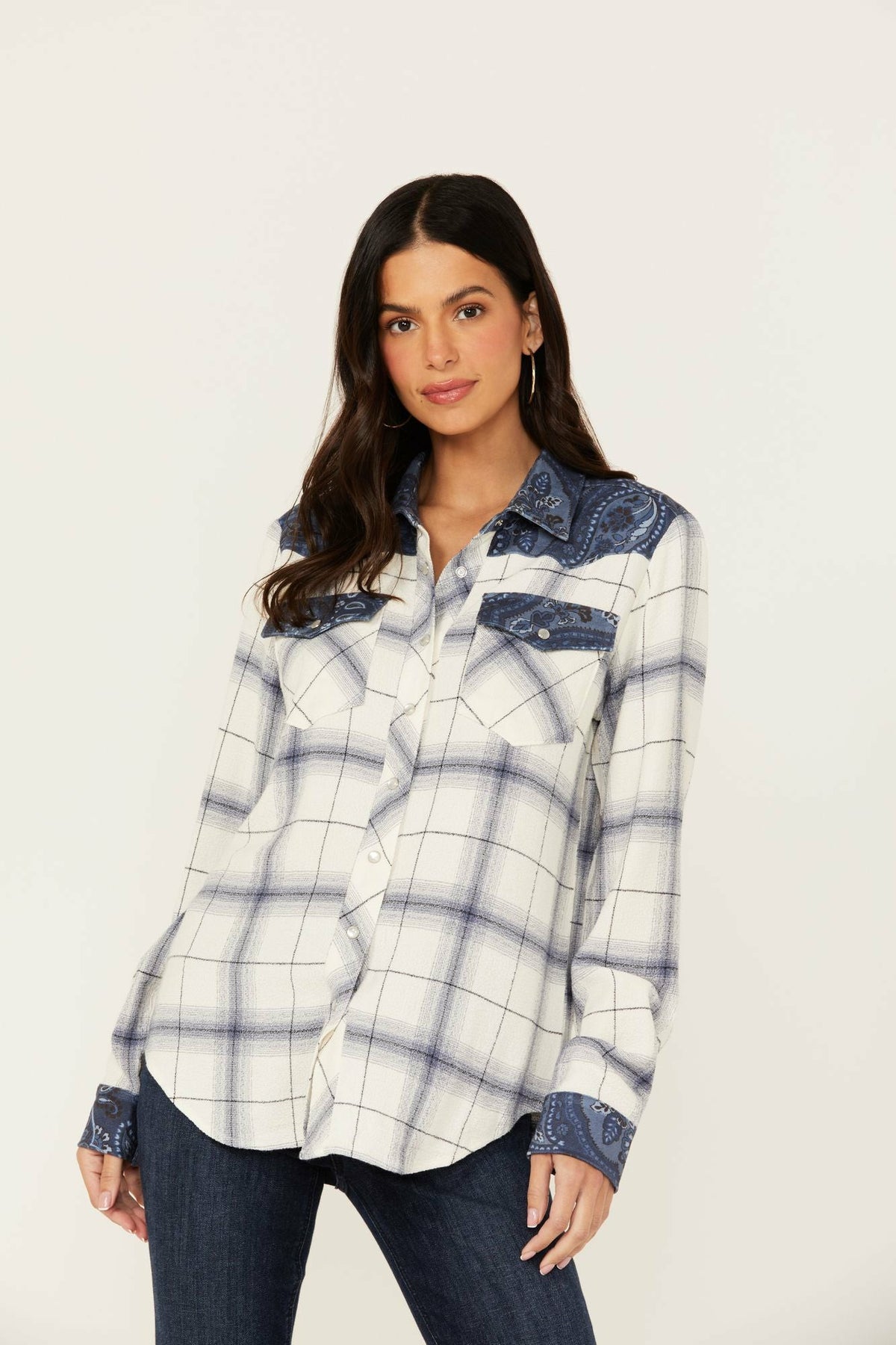 Ethel Featherlight Plaid Print Long Sleeve Pearl Snap Western Shirt