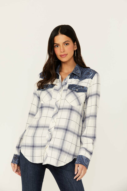 Ethel Featherlight Plaid Print Long Sleeve Pearl Snap Western Shirt