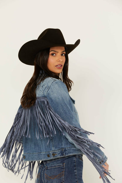 Rodeo Rebel Embossed Fringe Trucker Jacket