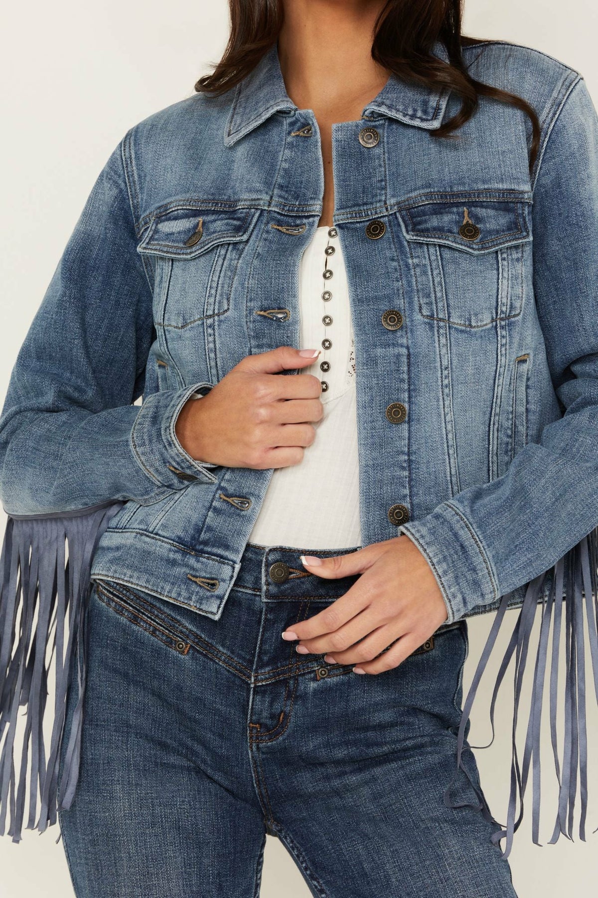 Rodeo Rebel Embossed Fringe Trucker Jacket