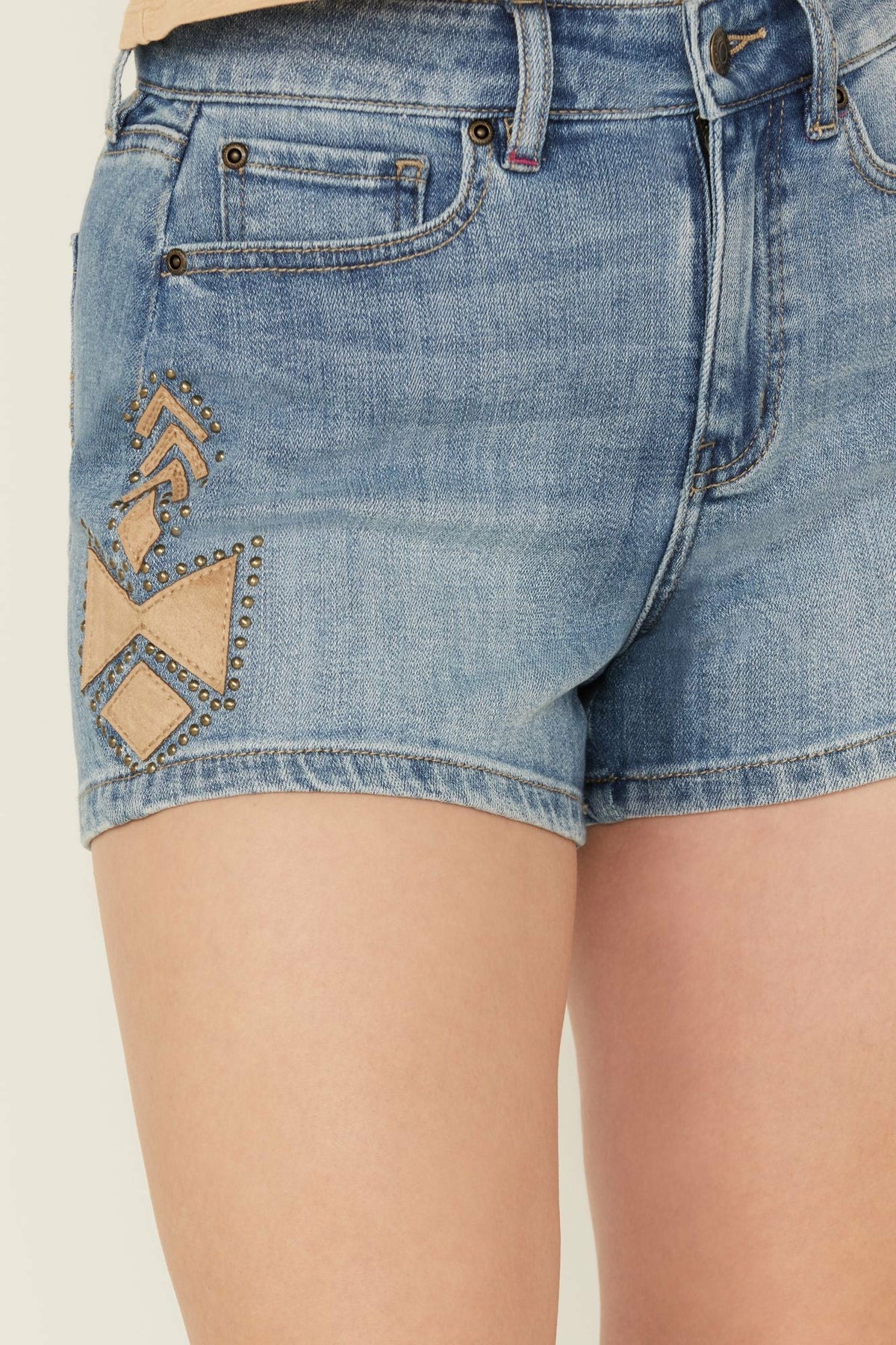 Medium Wash Gypsy High Rise Faux Suede Embellished Comfort Stretch Denim Shorts