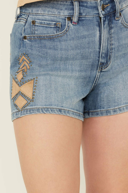 Medium Wash Gypsy High Rise Faux Suede Embellished Comfort Stretch Denim Shorts