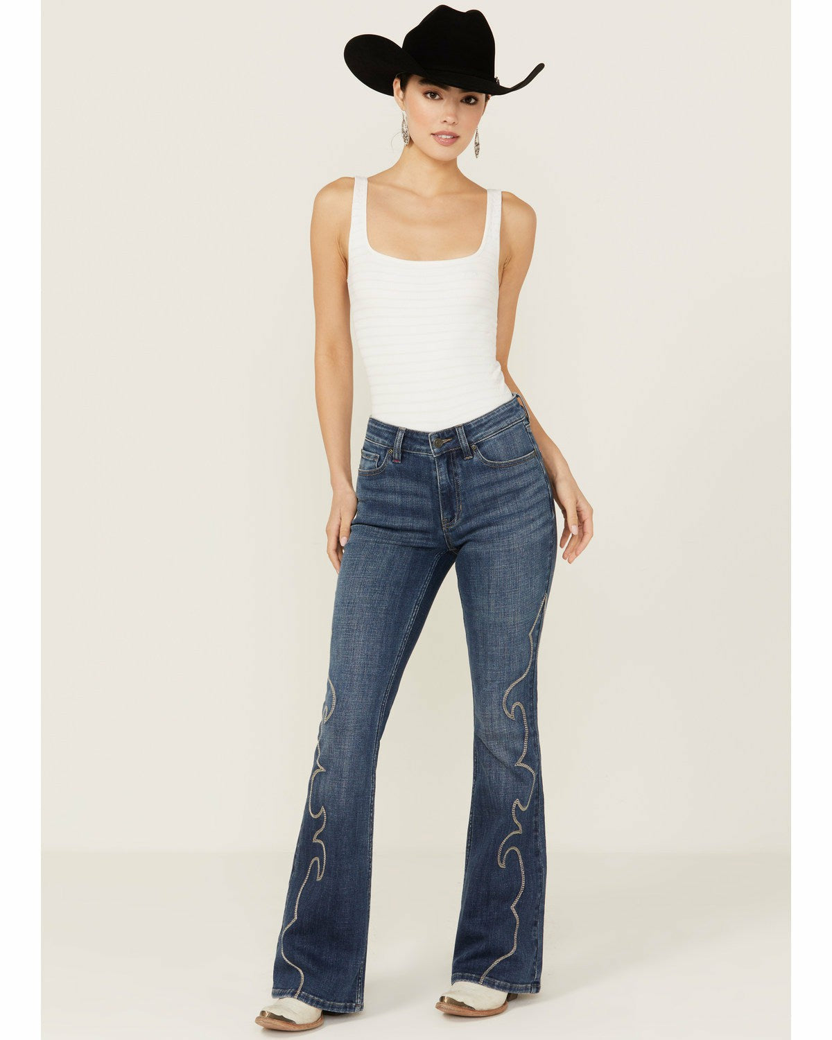 Dark Wash Rebel Western Embroidered Mid Rise Stretch Denim Jeans