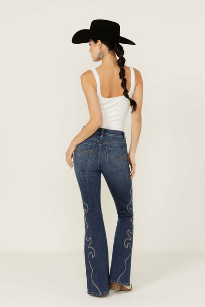 Dark Wash Rebel Western Embroidered Mid Rise Stretch Denim Jeans