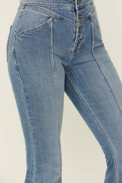 Medium Wash Outlaw High Rise Super Flare Stretch Denim Jeans