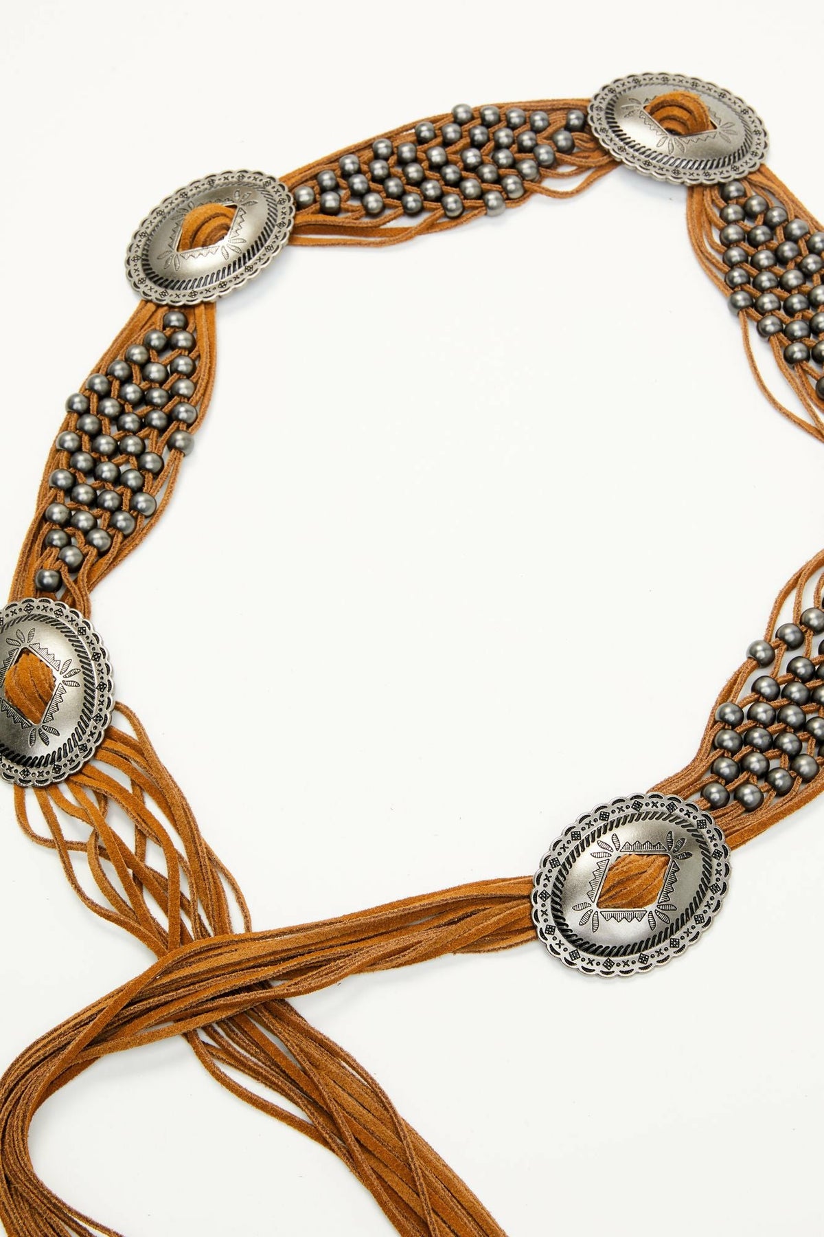 Addison Leather Crochet Fringe Concho Belt