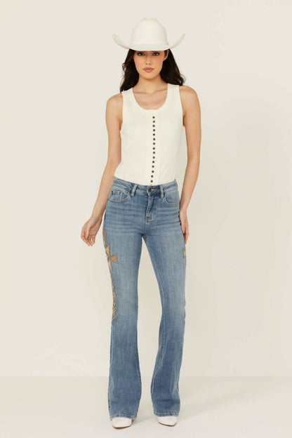 Ellis Medium Wash Gypsy High Rise Faux Suede Embellished Bootcut Comfort Stretch Denim Jeans