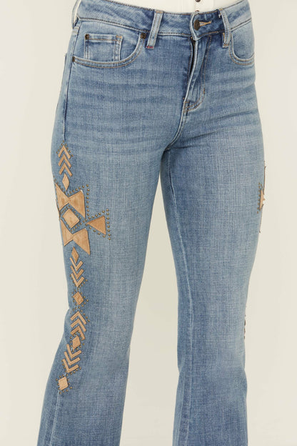Ellis Medium Wash Gypsy High Rise Faux Suede Embellished Bootcut Comfort Stretch Denim Jeans