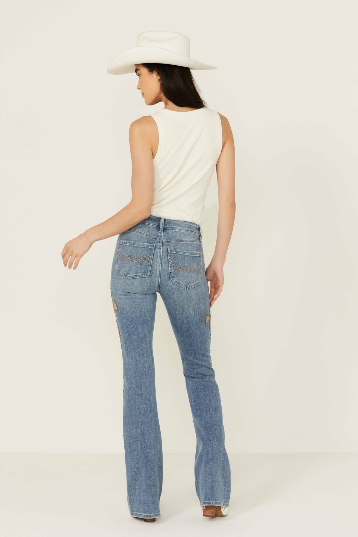 Ellis Medium Wash Gypsy High Rise Faux Suede Embellished Bootcut Comfort Stretch Denim Jeans
