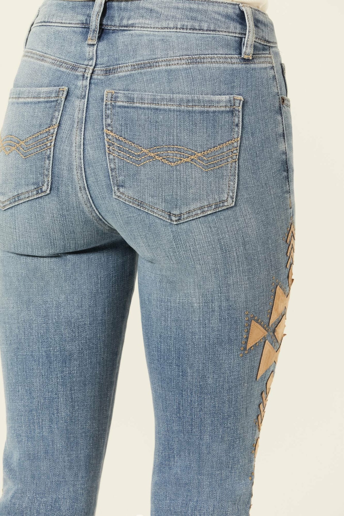 Ellis Medium Wash Gypsy High Rise Faux Suede Embellished Bootcut Comfort Stretch Denim Jeans