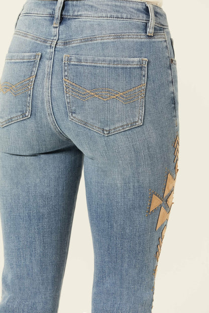 Ellis Medium Wash Gypsy High Rise Faux Suede Embellished Bootcut Comfort Stretch Denim Jeans
