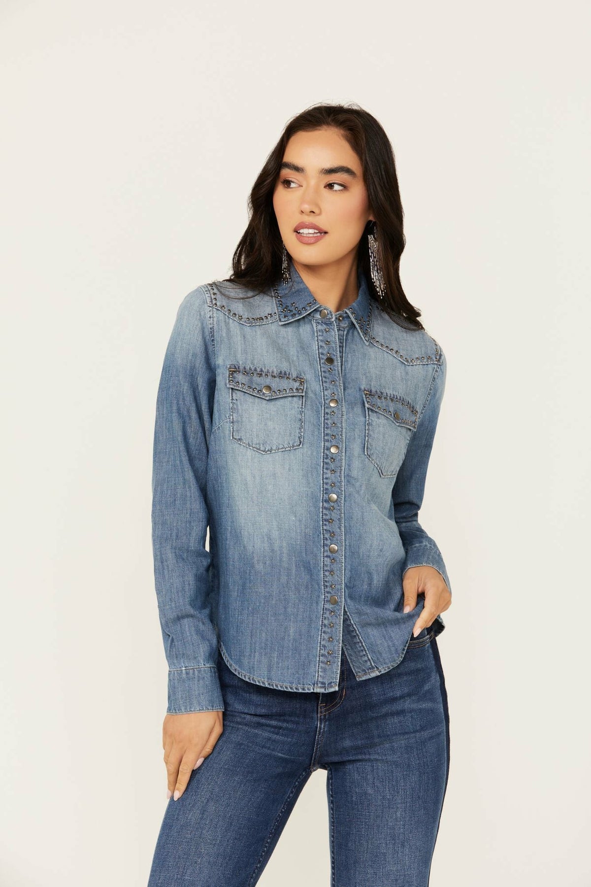 Rigid Wayside Studded Chambray Long Sleeve Snap Western Shirt