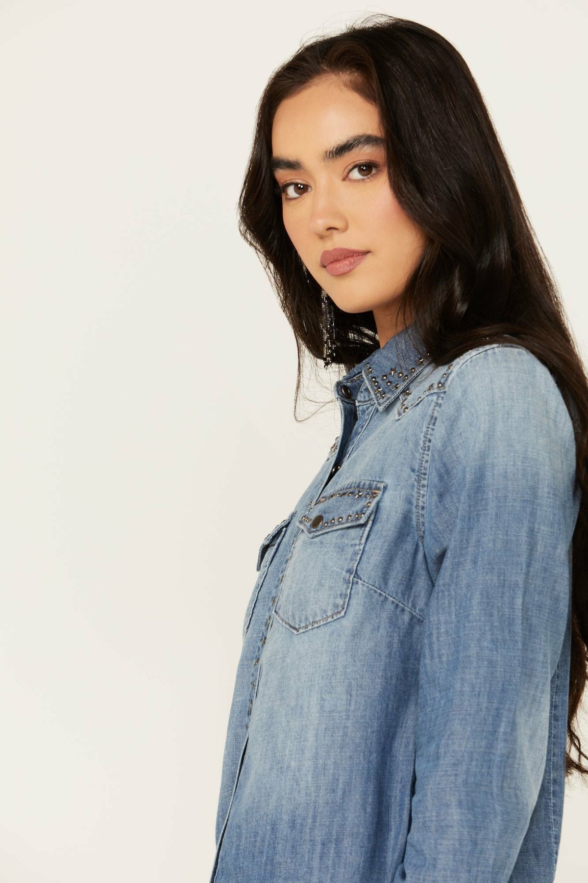 Rigid Wayside Studded Chambray Long Sleeve Snap Western Shirt