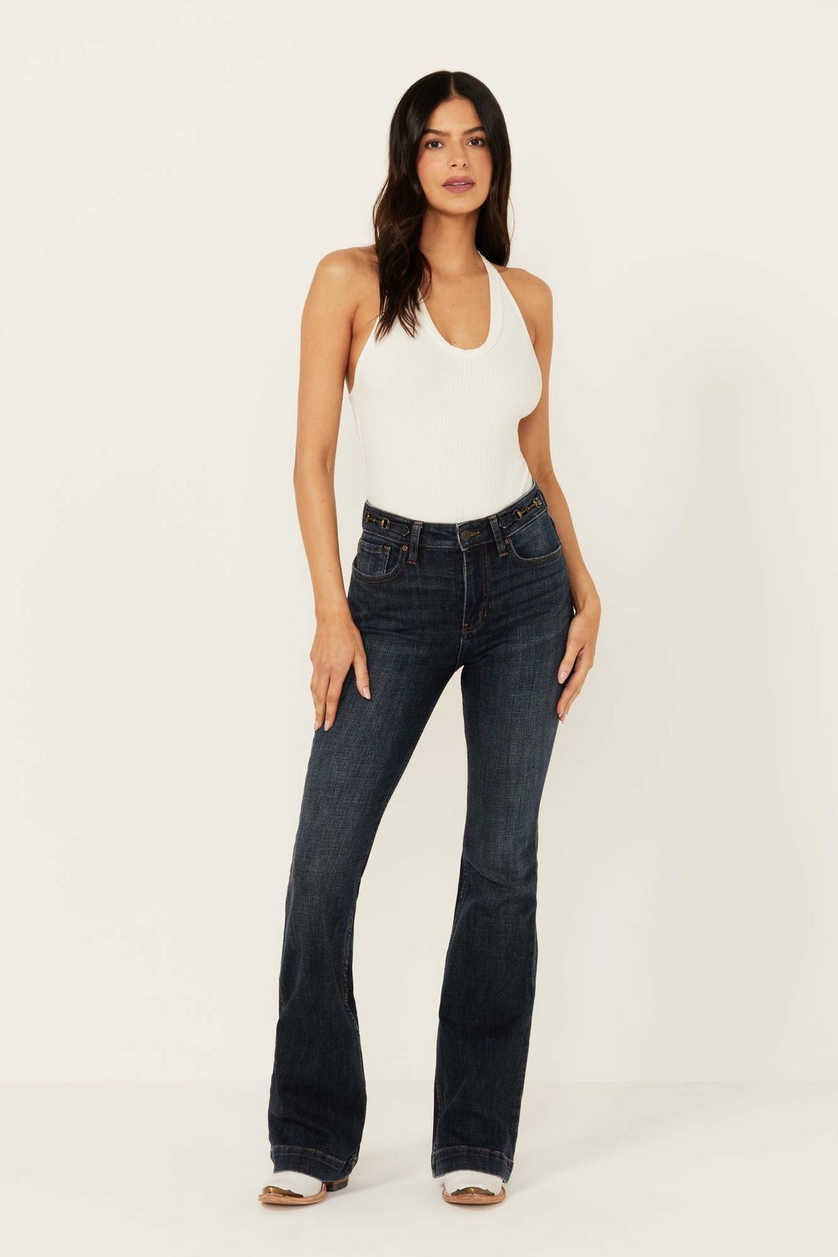 Hermosa Dark Wash High Rise Bootcut Horsebit Comfort Stretch Denim Jeans
