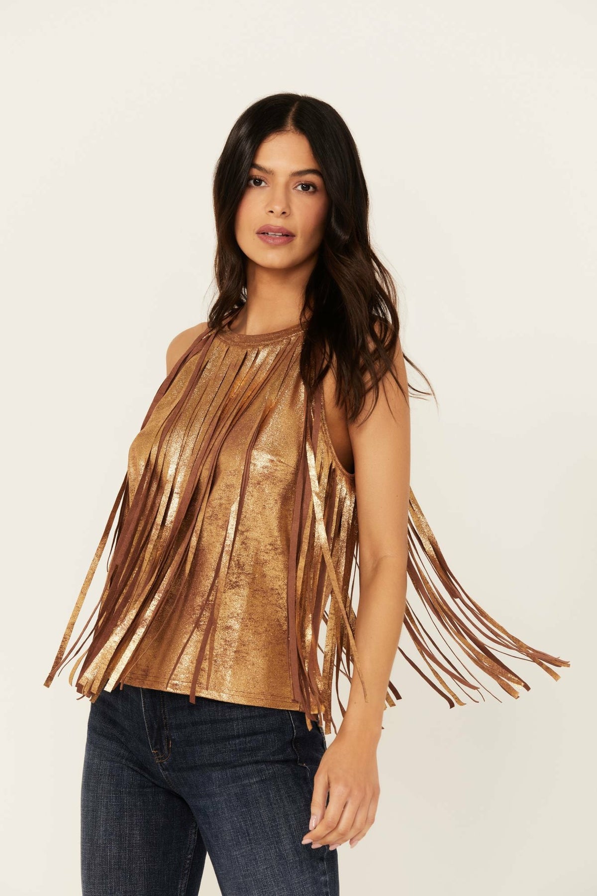 Prescott Foiled Faux Suede Fringe Tank