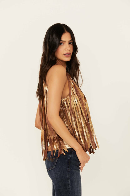 Prescott Foiled Faux Suede Fringe Tank