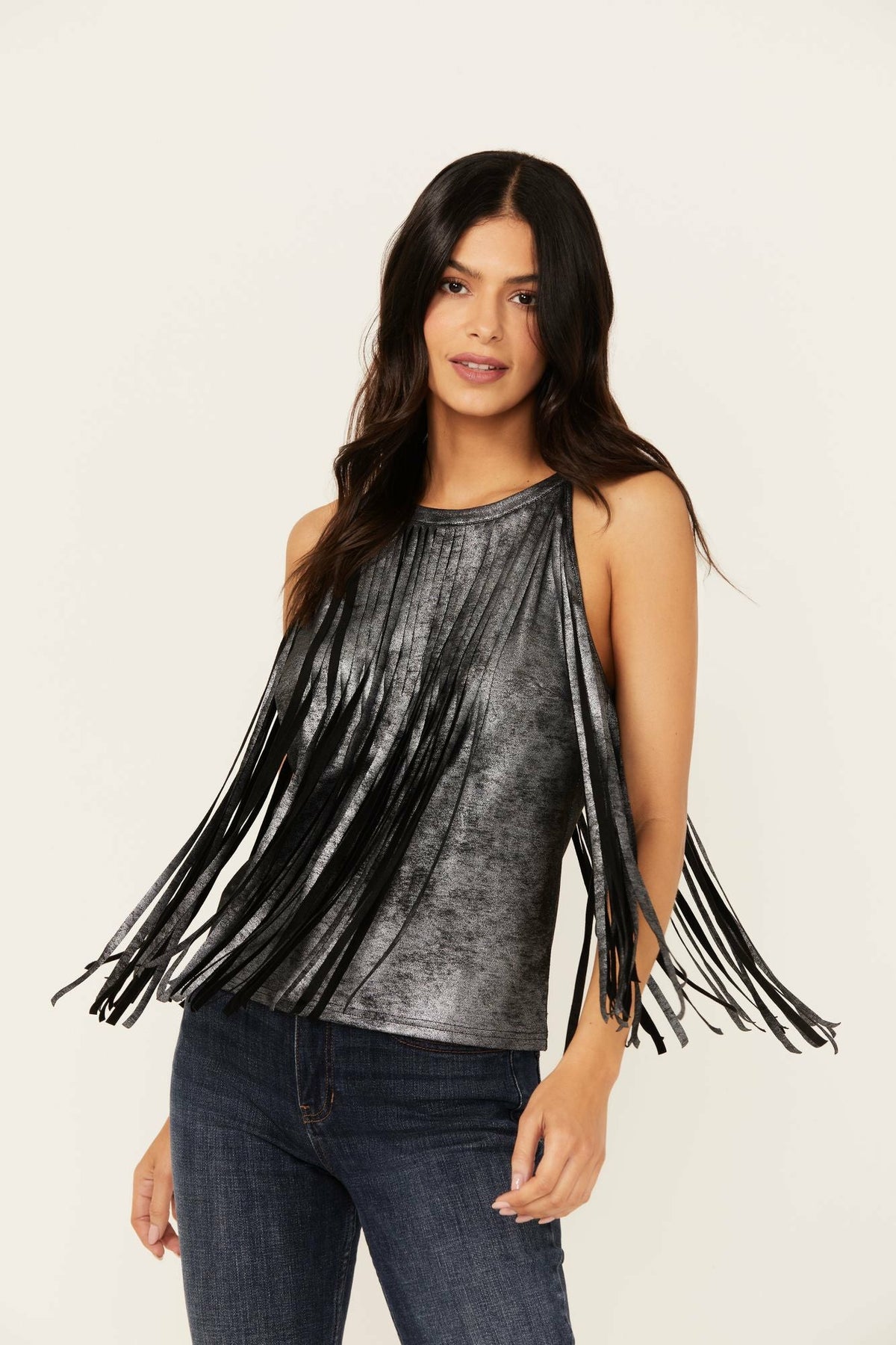 Prescott Foiled Faux Suede Fringe Tank